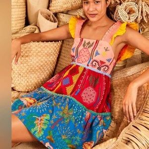 Farm Rio Color Block Embroidered Dress